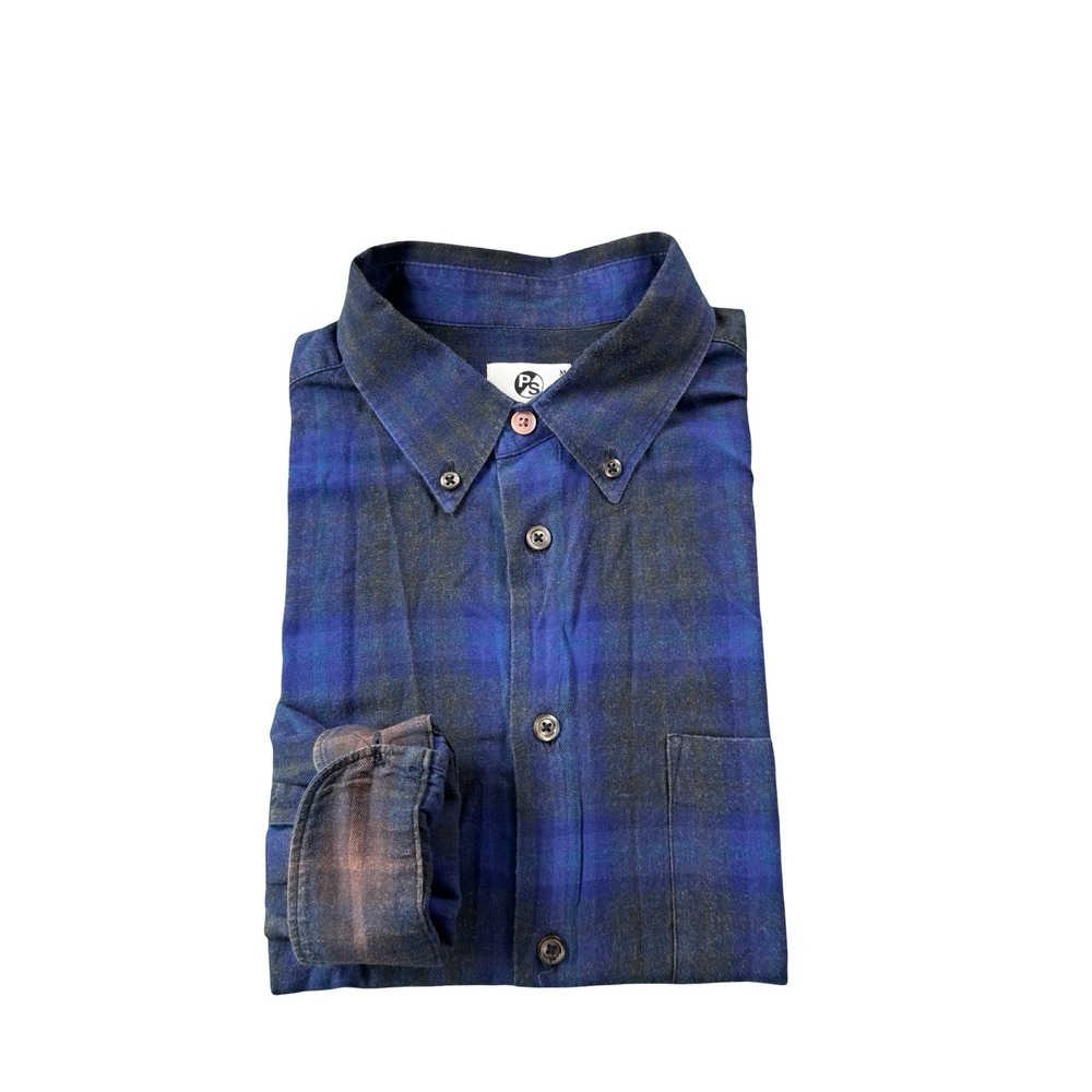 Paul Smith Blue Brown Checked Flannel Shirt Mens Medium Tailored Fit Long Sleeve